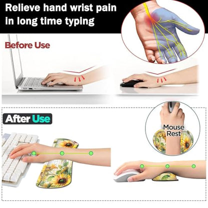 Large Gaming Mouse Pad+ Keyboard Wrist Rest Set, Ergonomics Memory Foam Mouse Mat Wrist Rest Support for Home Office, Waterproof Extended Mousepad 31.5x11.8in, Sunflower White Desk Pad - color: Yvb-mousepad-9-f-161