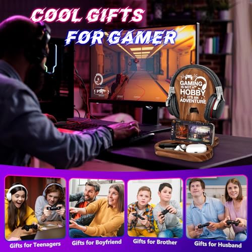 Christmas Birthday Gamer Gifts for Teenage Boys Men, Gaming Headphone Stand | Gaming Room Desk Decor Wooden Headset Holder, Son Boyfriend Husband Game Lover Gifts -Gaming is an Adventure - style: Gaming is an Adventure