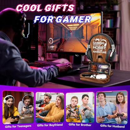 Christmas Birthday Gamer Gifts for Teenage Boys Men, Gaming Headphone Stand | Gaming Room Desk Decor Wooden Headset Holder, Son Boyfriend Husband Game Lover Gifts -Gaming is an Adventure - style: Gaming is an Adventure