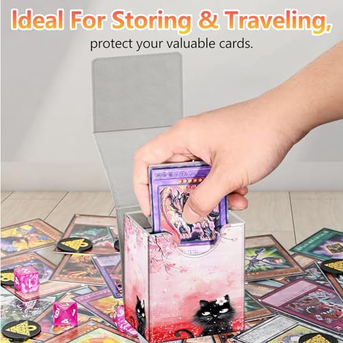 Card Deck Box, Card Storage Box Fits 100+ Single Sleeved Cards, Large Capacity PU Leather Card Storage Box with Strong Magnet for Magic Commander TCG CCG, Cherry Blossoms Cat - color: Cherry Blossoms Cat