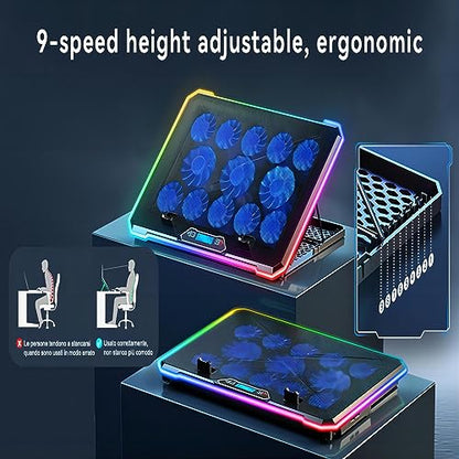 Gaming Laptop Cooler with 13 Ultra Quiet Fans, LCD Screen and Multi Color RGB - 10 Lighting Modes, 9 Adjustable Heights, Dual USB Ports, Built in Phone Holder for 15 to 21 Inch Laptops on Desk or Lap
