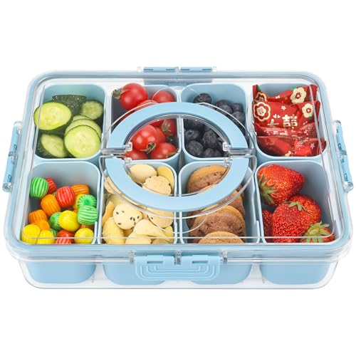shopwithgreen Divided Serving Tray with Lid and Handle, Portable Snackle Box Charcuterie Container for Party, Veggies, Fruits, Nuts, Candy, Food Tray Platter Snack Box for Entertaining, Picnic, Blue - color: Blue, size: 8 Compartments