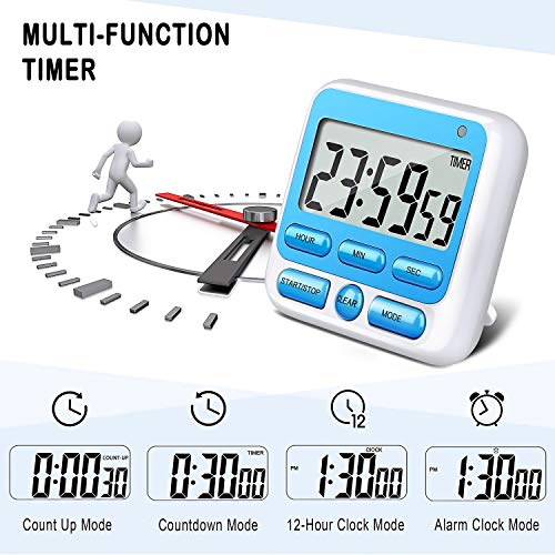 4-in-1 Digital Timer with Count Up/Down, Clock & Alarm, Ring & Silent Modes | Large 2.8-Inch easy-read LCD, On/Off switch, 24-Hour count up/down, Fast-forward function, Magnetic back, stand, hanging hole - color: Blue