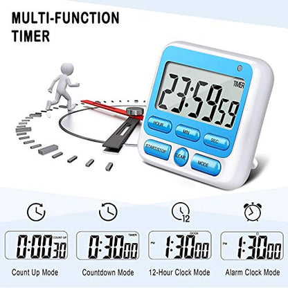 4-in-1 Digital Timer with Count Up/Down, Clock & Alarm, Ring & Silent Modes | Large 2.8-Inch easy-read LCD, On/Off switch, 24-Hour count up/down, Fast-forward function, Magnetic back, stand, hanging hole - color: Blue