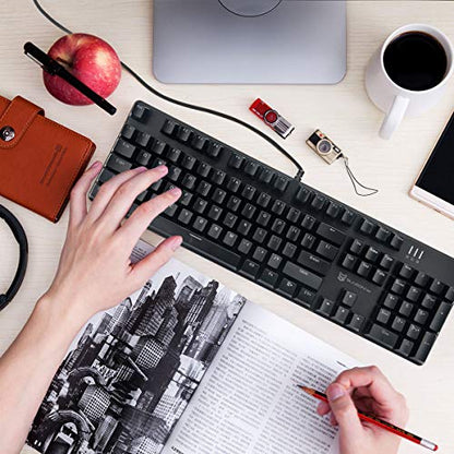 Merdia Brown Switch Black Full Size Mechanical Gaming Keyboard | 104 Keys US Layout Ice Blue Backlit Wired PC Gaming Keyboards | Hot Swappable LED Backlit Wired Mechanical Computer Keyboards - color: Brown Switch Black