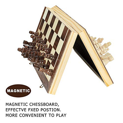 AMEROUS 15 Inches Magnetic Wooden Chess Set - 2 Extra Queens - Folding Board - Pieces Storage Slots, Handmade Portable Travel Chess Game - Beginner Chess Set for Kids, 6 up Age