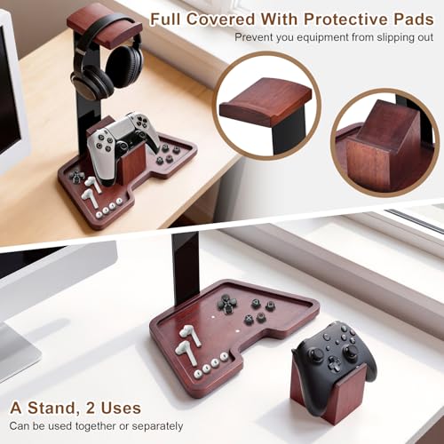 Headphone Holder Stand for Desk, Wood and Metal Headset Hanger Mount Hook Gaming Holder Desktop Earphone Artful Functional Craftsmanship Stand for All Headsets with Solid Wooden Base