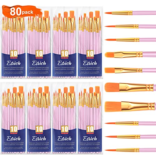 ESRICH Acrylic Paint Brushes Set, 8Packs /80 Pcs, Nylon Brush Head, Suitable for Acrylic, Oil, Watercolor,Rock Body Face Nail Art,Perfect Suit of Art Painting, Best Gift for Kids Adult Drawing(Pink) - color: Pink, size: 80