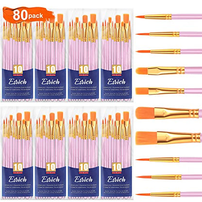 ESRICH Acrylic Paint Brushes Set, 8Packs 80 Pcs, Nylon Hair Brushes | Nylon Brush Head for Oil Painting, Gouache, Face,Ceramics etc, Kid's and Adults Painting Arts and Crafts Paint Set - color: Pink, size: 80