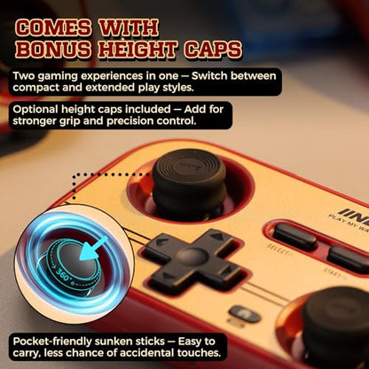 IINE Retro Pocket Game Controller, Wireless Gamepad for Switch/Steam Deck/PC/iOS/Android | Mini Portable Controller with Hall Joystick, 1000Hz Response Rate, Customizable Buttons, 600mAh Battery - color: retro red