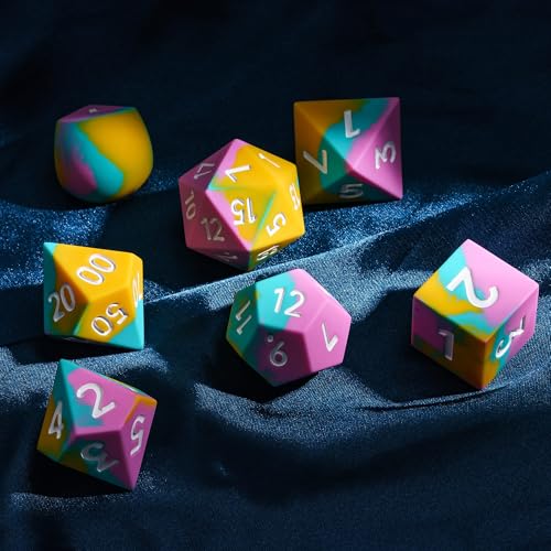 7-Piece Jumbo Silicone DND Dice Set, 25mm Oversized D&D Dice | Round Edges Soft Perfect Bouncer Compatible with Dungeons and Dragons RPG Bar Pub Club Party Games - color: Pink&cyan&yellow