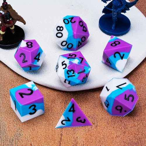 Silicone DND Dice,Polyhedral D&D Dice Set,Rubber Sharp Edges Soft Perfect Bouncer for Dungeons and Dragons, RPG, MTG (D4, D6, D8, D10, D12, D20, D%) for Ages 15 and Up - color: Blue Purple White