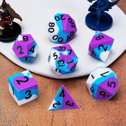 Silicone DND Dice,Polyhedral D&D Dice Set,Rubber Sharp Edges Soft Perfect Bouncer for Dungeons and Dragons, RPG, MTG (D4, D6, D8, D10, D12, D20, D%) for Ages 15 and Up - color: Blue Purple White
