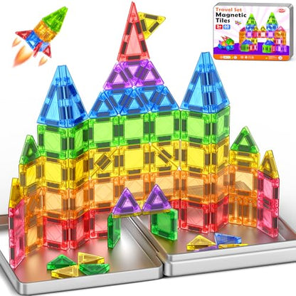 60PCS Mini Magnetic Tiles for Kids Ages 3-5 4-8 with Iron Box Travel Magnet Building Kids Toys for 3 4 5 6 7 8 Year Old Boys Girls Toddler Creativity Construction Sensory Valentines Birthday Gifts
