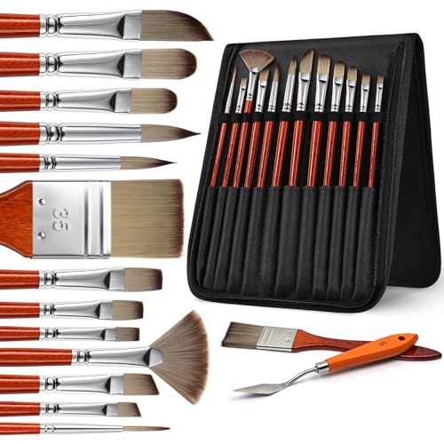 14pcs Acrylic Paint Brushes, Professional Synthetic Bristles Paint Brush Set with Extra Palette Knife - Flat, Filbert, Fan, Dagger, Round, Angle, Rigger Paint Brushes for Oil, Acrylic Canvas Paintings - color: Yellow