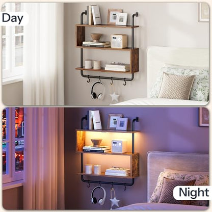 HOOBRO Floating Shelves with LED Lights, 29.5" LED Wall Mounted Gaming Shelf, 3-Tier Pipe Display Rack with Hanging Rod and 4 S-Hooks, for Storage Livingroom, Bedroom, Rustic Brown and Black BF21DBJ01 - color: Rustic Brown + Black