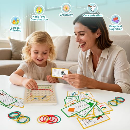 Wooden Geoboard, Montessori STEM Toy with Pattern Cards for Kids Ages 3+ | Pattern Cards & Rubber Bands, Geometric Shape Learning, Classroom STEM Tool, Brain Teaser Gift - size: 6*6 in