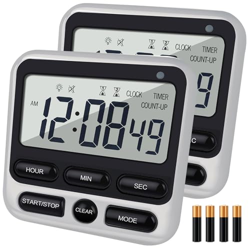 2-Pack Digital Dual Kitchen Timers with Magnet, 24-Hour Countdown & Stopwatch, Loud Alarm, 12/24H Clock, Calendar, Mute Mode, Visual Indicator, Batteries Included (Black)