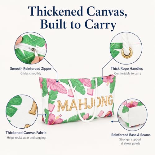 3 Pcs Empty American Mahjong Bags for Tiles and Racks and Mat, Pink Tropical Mahjong Carrying Tote with Zipper Tile Pouch and Rack Sleeve, Thickened Canvas Storage Bag, Case Only - color: Pink Tropical