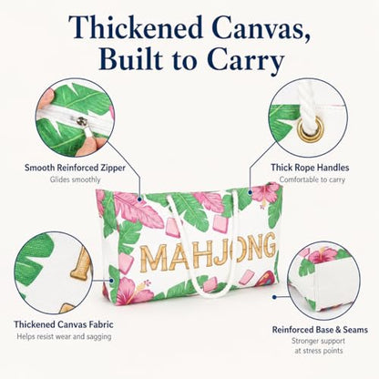 3 Pcs Empty American Mahjong Bags for Tiles and Racks and Mat, Pink Tropical Mahjong Carrying Tote with Zipper Tile Pouch and Rack Sleeve, Thickened Canvas Storage Bag, Case Only - color: Pink Tropical