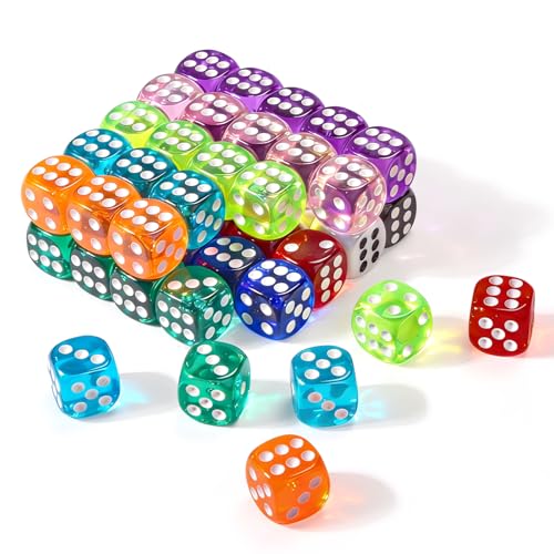 50 Pieces Dice Set, Translucent 6 Sided Colored Dices for Board Games, Math Learning, Classroom, Parties