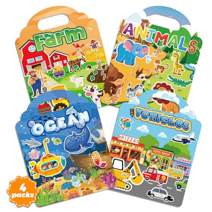 4 Pack Adventure Jelly Stickers for Kids, 3D Creative Activity Set Ages 3-8 - style: Farmhouse+Animals+Ocean+Vehicles