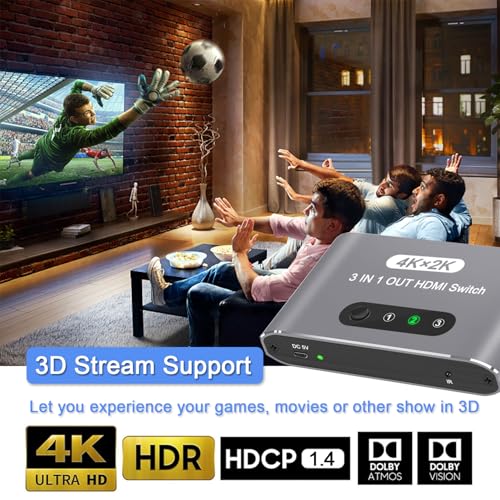 HDMI Switch 3 in 1 Out, 4K@60Hz HDMI Splitter with Remote Control, 3 Ports HDMI Switcher, Perfect for Full HD 4K 1080P 3D Video Roku Fire TV Blu-ray Players Stick Apple PS4/PS5 Xbox Chromecast (Grey) - color: Grey