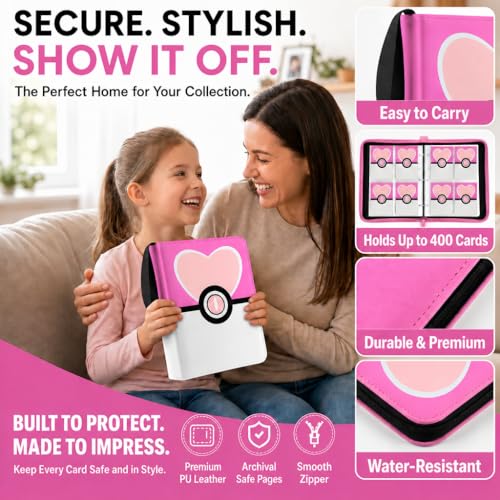Card Binder 4 Pocket, Trading Card Holder Album Book, 50 Removable Sleeves Hold 400 Cards, PU Leather Zipper Portable Game Collection Card Case Ideal Gift (Pink) - color: Pink, size: Medium