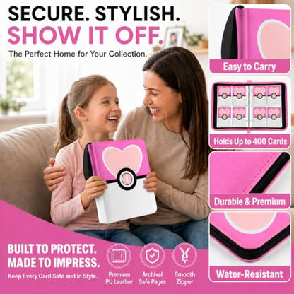 Card Binder 4 Pocket, Trading Card Holder Album Book, 50 Removable Sleeves Hold 400 Cards, PU Leather Zipper Portable Game Collection Card Case Ideal Gift (Pink) - color: Pink, size: Medium