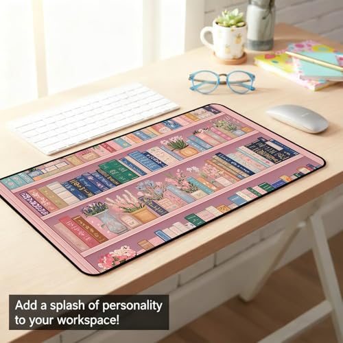 Cute Bookshelf Deskmat, Pink Desk Pad Mousepad XXL, Game Pad, Large Office Desk Keyboard Mat, Anti Slip Rubber Base and Sewn Edge Mouse Mat, Beautiful Reading Space Desktop Decor 31.5"X15.7" - color: Pink Bookshelf