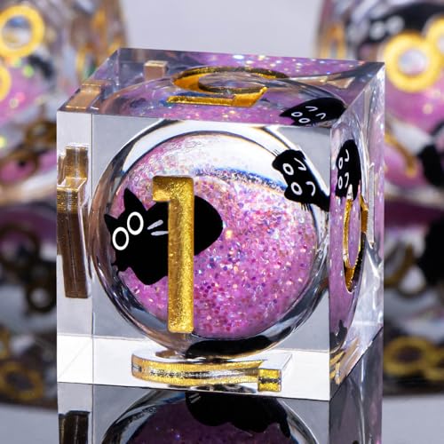 Roycevon Resin DND Dice Set with Gift Box, 7Pcs Liquid Core Cat D&D Dice, Cute Dungeons Dragons D and D Dice, Sharp Edge Role Playing Game Dice D20 D12 D10 D8 D6 D4, Pink - color: Pink