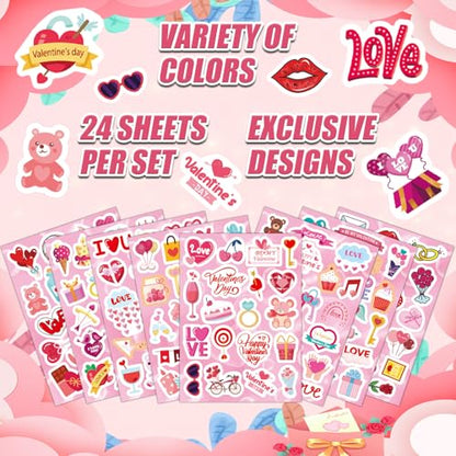 24 Sheets Valentine Stickers for Kids - 8 Diverse Valentines Love Stickers Designs - Valentine's Day Party Favors Crafts Gifts & Decorations Activities Supplies - style: Valentine's Day Party