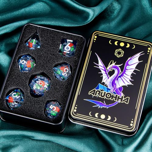 ARUOHHA Liquid Core DND Dice Set, Vampire Sharp Edged Dragons Dice Compatible with D&D RPG Role Playing Games, Resin Blood Red Polyhedral Dungeons D and D Dice with Gift Box D20 D12 D10 D8 D6 D4 - color: Rose - Silver Blue