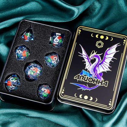 ARUOHHA Liquid Core DND Dice Set, Vampire Sharp Edged Dragons Dice Compatible with D&D RPG Role Playing Games, Resin Blood Red Polyhedral Dungeons D and D Dice with Gift Box D20 D12 D10 D8 D6 D4 - color: Rose - Silver Blue