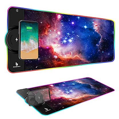 RGB Gaming Mousepad,Wireless Charging Desk Mat,15W Fast Charging | Extened Large Size,with Phone Holder,10 Lighting Modes For Office Mobile Phone Devices,Home & Office,31.5"X11.8"(Galaxy) - color: Galaxy