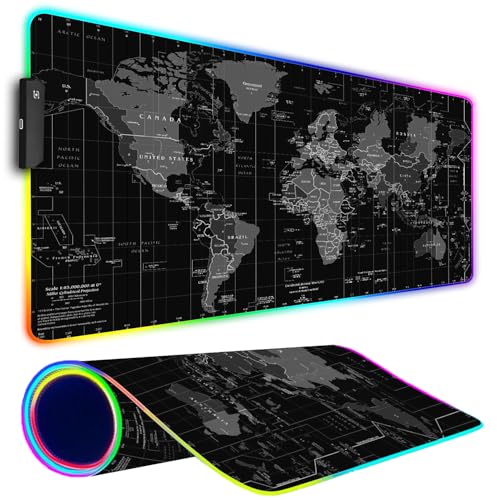 RGB Gaming Mouse Pad, Large Mousepad with Led Light, Gaming Accessories Keyboard Pad for Desk, Non-Slip Rubber Base Big Mouse Mat for Gamer, 31.5 X 11.8 Inch, Black World Map - color: 05 Black World Map