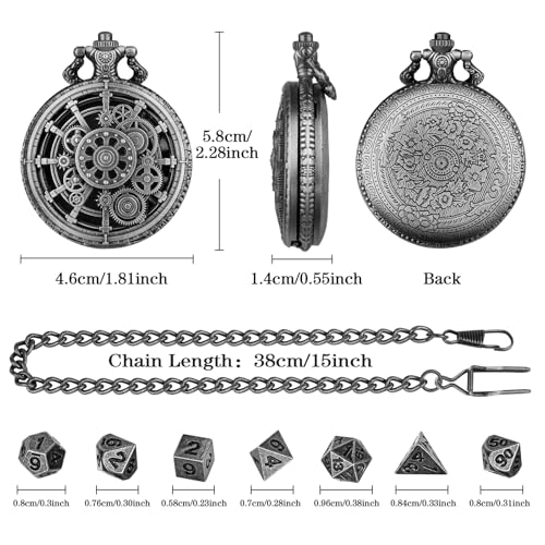 Mini DND Dice Set with Steampunk Dark Silver Hollow Gear Pocket Watch Shell Case, 7pcs Polyhedral Metal D&D Dice, DND Gifts with Gift Box for DND Lovers, Role Playing Board Games Accessories - color: Dark Silver