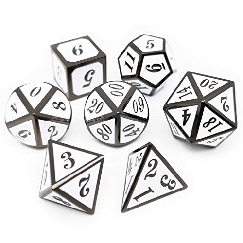 Haxtec 7 Die DND Metal Dice Set D&D 7PCS DND Dice of D20 D12 D10 D8 D6 D4 Compatible with Dungeons and Dragons RPG Games-Glossy Enamel Dice (Black White) - color: Black White