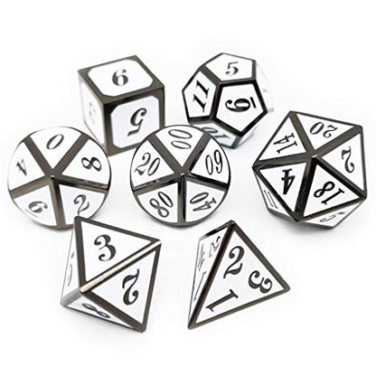 Haxtec 7 Die DND Metal Dice Set D&D 7PCS DND Dice of D20 D12 D10 D8 D6 D4 Compatible with Dungeons and Dragons RPG Games-Glossy Enamel Dice (Black White) - color: Black White