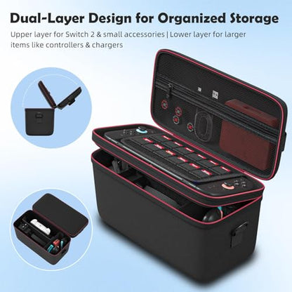 Switch 2 Carrying Case, Large EVA Hard Shell Travel Bag with 12 Game Slots | Compatible with Switch 2 console, dock, Pro Controller and charger; dual-layer storage with handle and shoulder strap