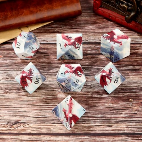 DND Dice Set, Dragon Theme Dice Set, UV Printed, Resin Material, DND Starter Set, 7pcs Polyhedral Dice Set with Dice Box, Role Playing Board Games Accessories - color: Dragon Style Gift Box