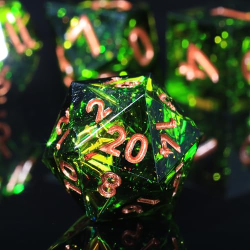 DND Resin Sharp Edge Polyhedral Dice Set,for Dungeons and Dragons RPG MTG Table Games,7 Pcs Handmade Gemstone Dice Set - color: Verdant Gild