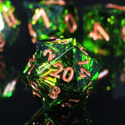 DND Resin Sharp Edge Polyhedral Dice Set,for Dungeons and Dragons RPG MTG Table Games,7 Pcs Handmade Gemstone Dice Set - color: Verdant Gild