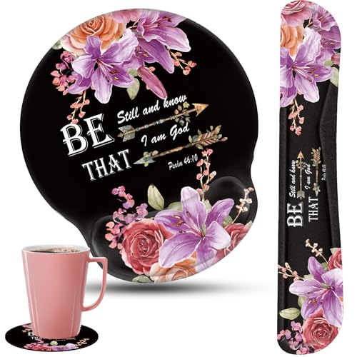 Keyboard Wrist Rest and Mouse Pad Wrist Support Set with Coffee Coaster, Non-Slip PU Base for Gaming and Office, Comfortable & Lightweight for Easy Typing & Pain Relief,Flower Bible Verse Psalm 46-10 - color: Flower Bible Verse Psalm 46-10, size: 3 PCS