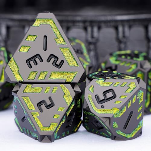 Metal DND Sci-fi Dice Set 7PCS Stripe Polyhedral Dice for Dungeons Dragons RPG Role Playing Game, Glitter D and D Dice with Gift Box D6 D8 D10 D12 D20 (Black&Green Yellow) - color: Black - Yellow Green