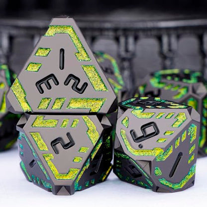 Metal DND Sci-fi Dice Set 7PCS Stripe Polyhedral Dice for Dungeons Dragons RPG Role Playing Game, Glitter D and D Dice with Gift Box D6 D8 D10 D12 D20 (Black&Green Yellow) - color: Black - Yellow Green