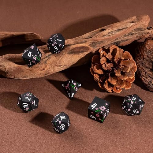 UDIXI Black Metal Dice Set D&D, 7PCS Flower Metal DND Dice Set for RPG | Pink Flower, Metal Case Packaging, Heavy Metal Dice, D&D Gift, for Dungeons and Dragons Role Playing Games Tabletop Games - color: Black-white