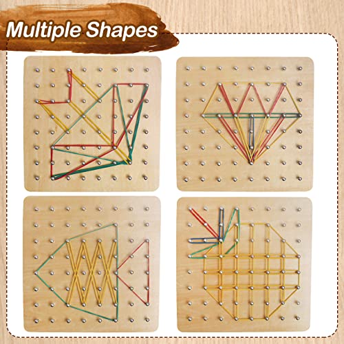 Wooden Geoboard, Montessori STEM Toy with Pattern Blocks for Kids Ages 3+ | Rubber Bands & Pattern Cards, Fine Motor Math Learning Geo Board, Classroom Home STEM Activity, Brain Teaser Educational Gift - size: 7*7 in