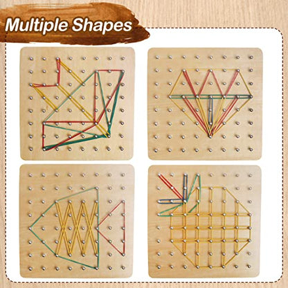 Wooden Geoboard, Montessori STEM Toy with Pattern Blocks for Kids Ages 3+ | Rubber Bands & Pattern Cards, Fine Motor Math Learning Geo Board, Classroom Home STEM Activity, Brain Teaser Educational Gift - size: 7*7 in