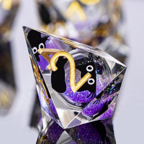 DND Cat Dice Set Purple Sharp Edge Dice with Box, RPG D and D Dice Dungeons Dragons Role Playing Game Polyhedral Resin Dice Set D20 D12 D10 D8 D6 D4 - color: Golden Purple